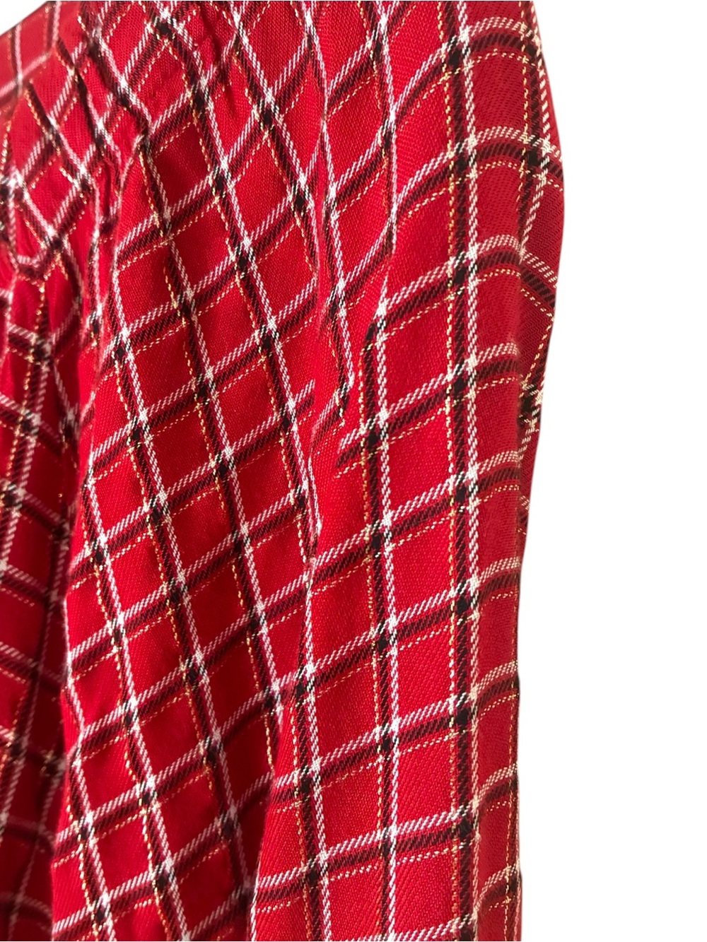 Ann Taylor LOFT Sz SMALL Red Plaid Metallic Gold Long-Sleeve Peasant Blouse Top - Picture 3 of 7